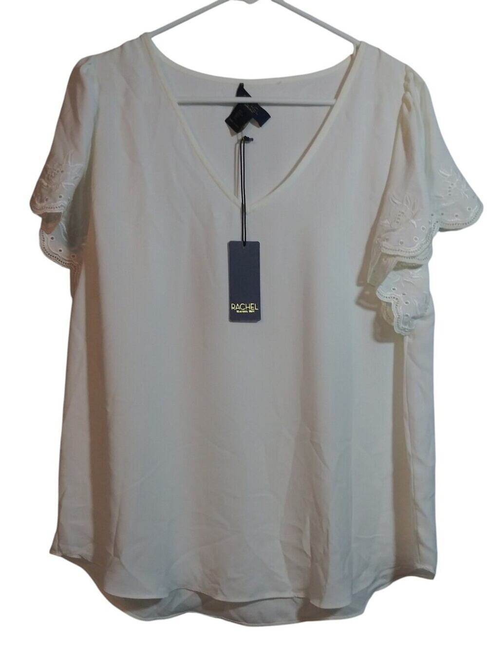 Rachel Roy White V-Neck Eyelet Sleeve Women's Top Flowy Lightweight Neutral Sz L